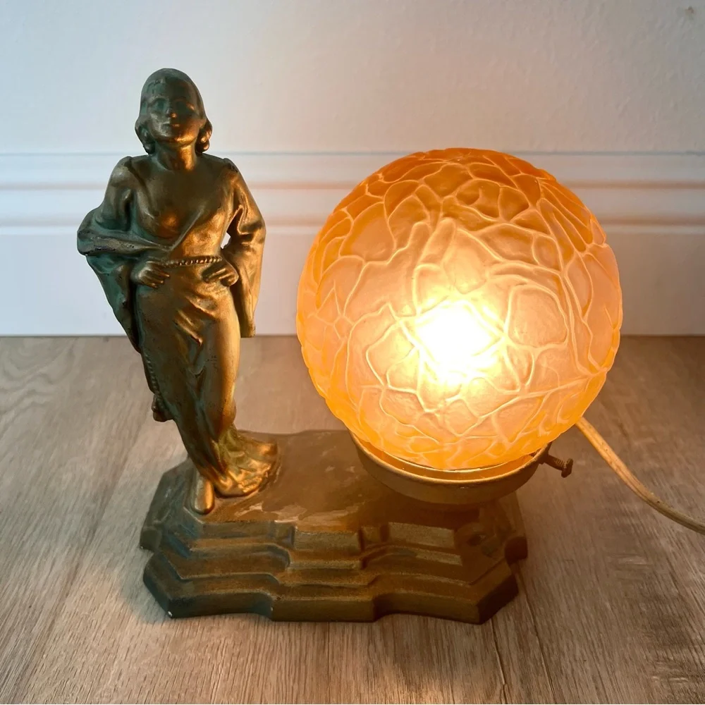 Antique C1920 Art Deco Brass Table Lamp, Women & Textured Pink Glass Globe Shade